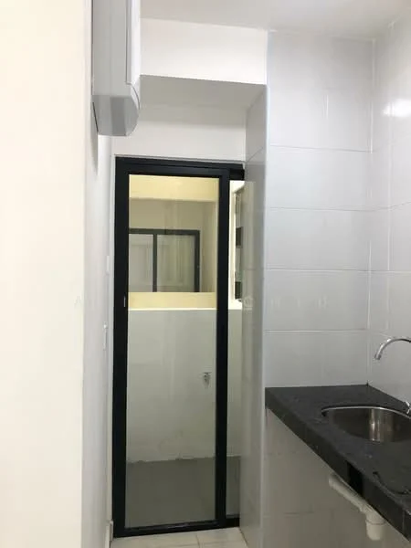 Room features: white painted walls, black granite countertop, stainless-steel sink, sliding glass door, wall-mounted split AC, ceramic tile flooring; style: modern.