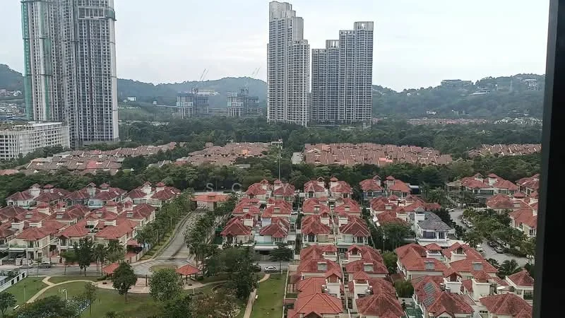Exterior type: linked terrace house; features: red tiled roofs, manicured lawns, surrounded by greenery, multi-storey high-rise buildings in background, hills in background, well-maintained roads, urban residential area; style: modern.