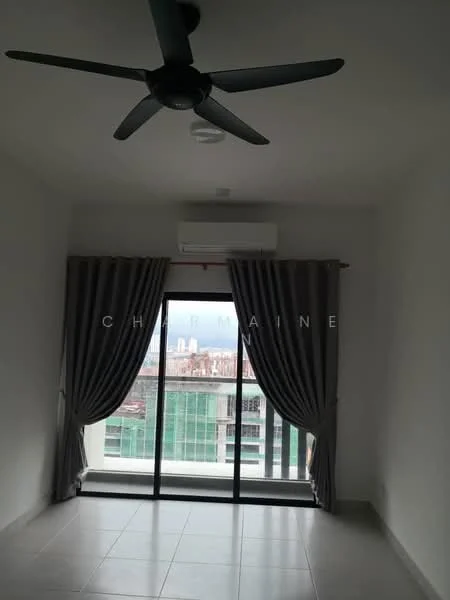 Room features: white painted walls, grey tiled flooring, 5-blade ceiling fan, wall-mounted split AC, floor-to-ceiling sliding glass door, sheer curtains, blackout curtains; style: modern; view: city.