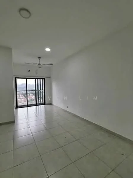 Living features: white painted walls, tile flooring, 5-blade ceiling fan, floor-to-ceiling windows, city view, neutral color scheme, recessed lighting; style: modern; view: city.