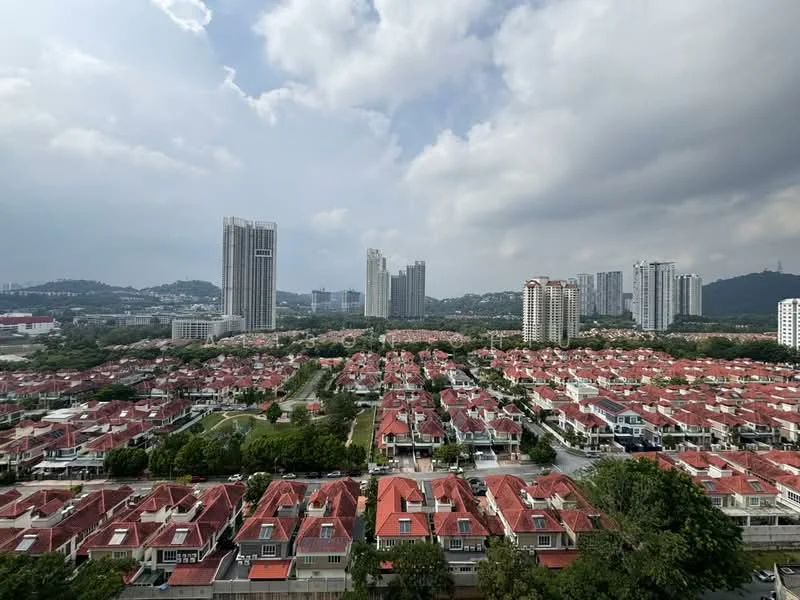 Exterior type: low-rise apartment block; features: red tiled roofs, manicured lawns, surrounding greenery, city skyline in background, high-rise buildings, urban landscape, residential area, park-like space; style: modern.