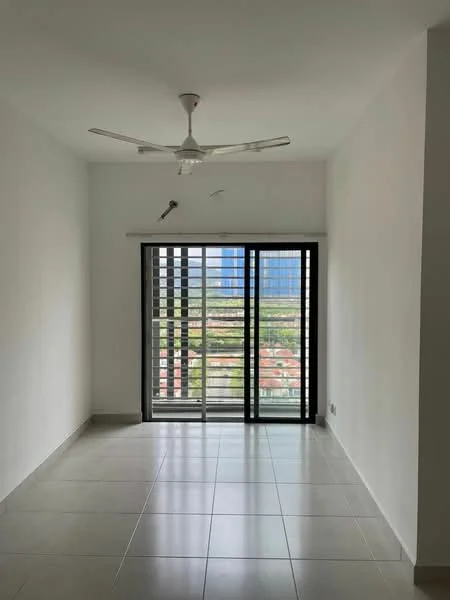Room features: white painted walls, grey tiled flooring, 5-blade ceiling fan, floor-to-ceiling windows, black window grills, city view, roller blinds; style: modern; view: city.