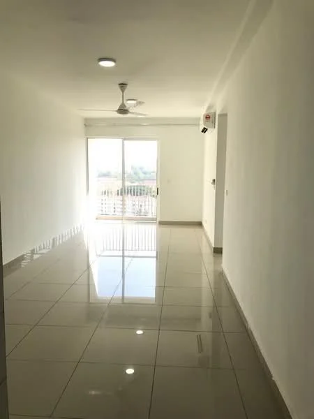 Living features: white painted walls, glossy ceramic tile flooring, 5-blade ceiling fan with light, sliding glass door, floor-to-ceiling windows, natural light from windows, air conditioning unit, balcony view; style: modern; view: city.