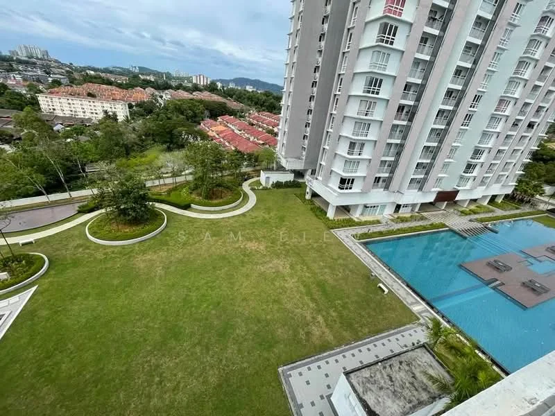 Exterior type: high-rise condominium; features: swimming pool, landscaped garden, manicured lawn, surrounding greenery, pool deck with loungers, multiple storey building, balconies on upper floors, paved walkways; style: modern.