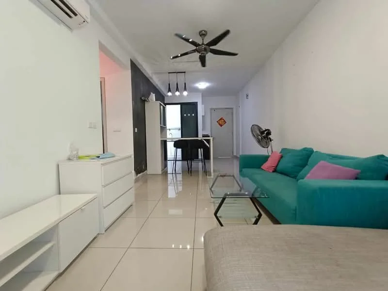 Living features: 3-seater fabric sofa in teal, 2-seater fabric sofa in grey, glass coffee table, wall-mounted TV console, white painted walls, tile flooring, 5-blade ceiling fan with light, recessed LED downlights, decorative cushions in pink and purple, open layout to dining area, air conditioning unit on wall, floor-to-ceiling window with sheer curtains; style: modern.