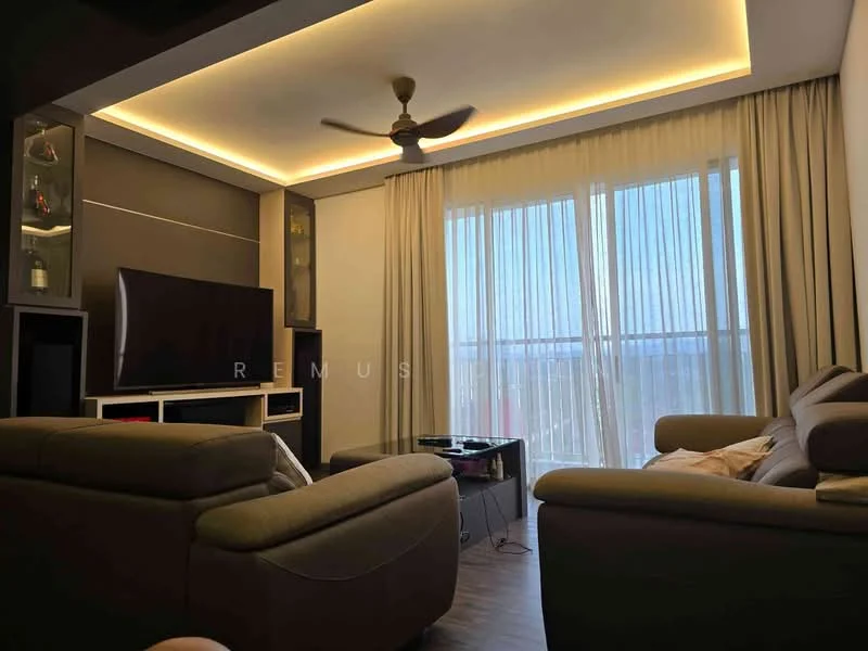 Living features: 2-seater fabric sofa in grey, 3-seater fabric sofa in grey, coffee table, wall-mounted TV, TV console, recessed LED downlights, ceiling fan, floor-to-ceiling windows with sheer curtains, wooden flooring, decorative wall unit with glass display, area rug; style: modern; view: city.