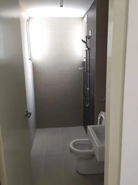 Bathroom features: grey tiled walls, light grey tiled flooring, one-piece toilet, shower area with glass partition, wall-mounted shower head, handheld shower, chrome faucet, window for natural light, recessed lighting; style: modern.