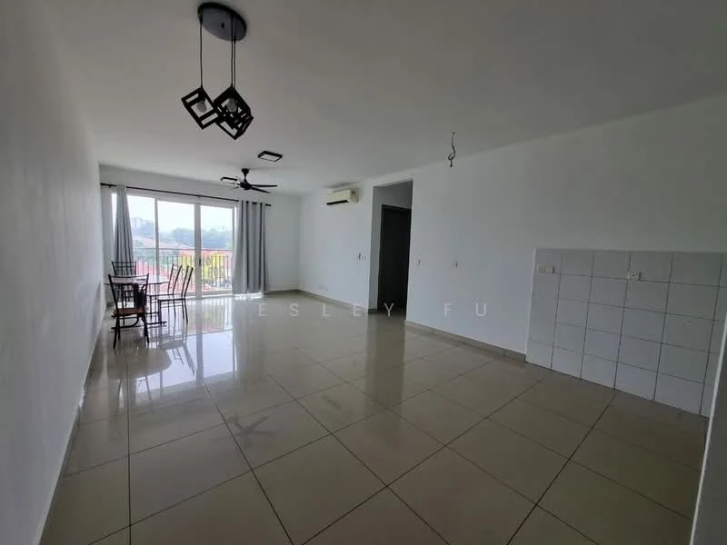 Living features: white painted walls, glossy beige tile flooring, 5-blade ceiling fan with light, recessed downlights, floor-to-ceiling windows, sliding glass door, dining table with chairs, air conditioning unit, wall-mounted electrical outlets, open layout; style: modern; view: city.