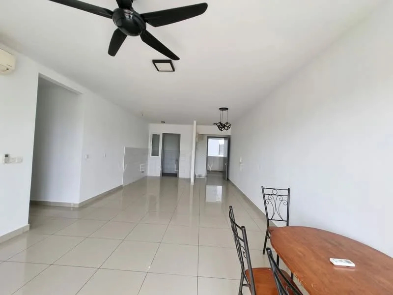 Living features: white painted walls, glossy ceramic tile flooring, 5-blade ceiling fan, recessed ceiling lights, dining table with wooden surface, metal dining chairs, large windows allowing natural light, open layout, neutral color scheme; style: modern.
