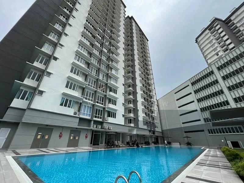Exterior type: high-rise condominium; features: glass curtain wall, white painted facade, balconies with glass railings, infinity pool, pool deck with loungers, multiple storeys, air conditioning units visible, landscaped pool area, surrounded by urban environment; style: modern.