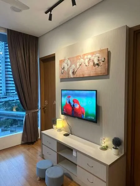 Living features: wooden flooring, light grey painted walls, wall-mounted TV, TV console with drawers, decorative artwork on wall, table lamp, small decorative plants, curtains, floor-to-ceiling windows, view of city skyline; style: modern; view: city.
