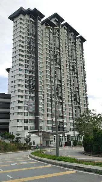 Exterior type: high-rise condominium; features: white painted facade, dark grey accent panels, glass windows, recessed balconies, flat roof, approximately 15-storey high-rise, landscaped garden area, manicured lawn, surrounded by greenery, entrance with covered walkway, street lighting, parking structure visible; style: modern.