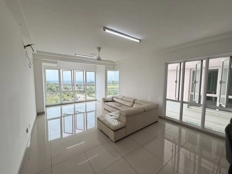 Living features: large sectional sofa in cream, floor-to-ceiling windows, white painted walls, glossy tile flooring, ceiling fan, recessed LED downlights, air conditioning unit, city view from windows; style: modern; view: city.