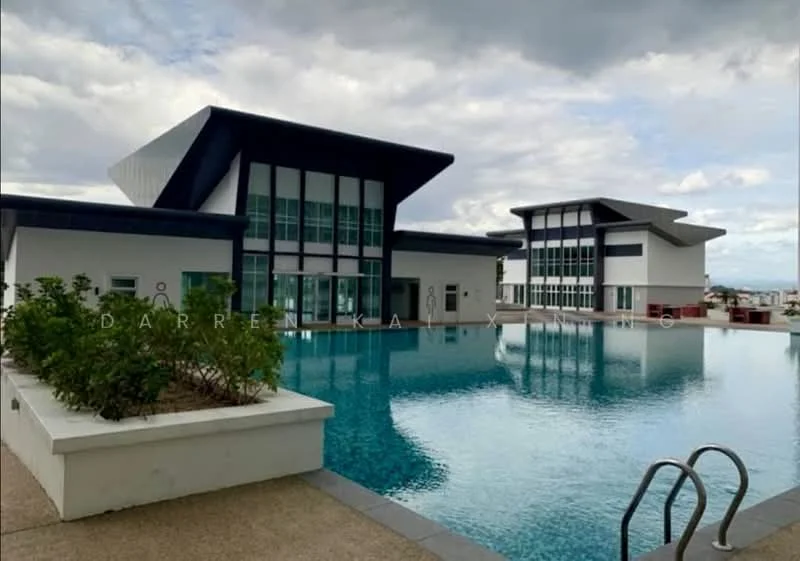 Exterior type: swimming pool deck; features: infinity pool, surrounding deck area, landscaped greenery, modern architectural design, large glass windows, two adjacent buildings, poolside loungers, concrete pool edge; style: modern.