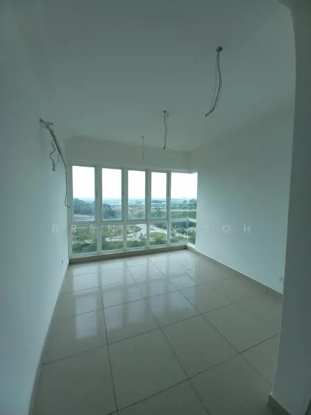 Room features: white painted walls, floor-to-ceiling windows, neutral tile flooring, unfurnished space, city view, two ceiling light fixtures, no visible furniture, large window sills; style: modern; view: city.