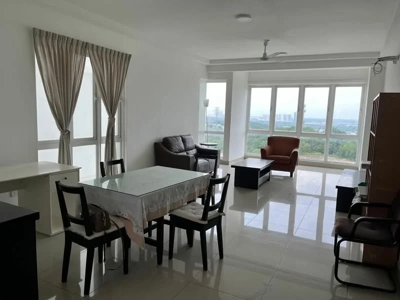 Living features: floor-to-ceiling windows, grey leather sofa, brown armchair, glass dining table, 4 black dining chairs, white walls, recessed downlights, polished tile flooring, curtains, side table, black coffee table, study desk; style: modern; view: city.