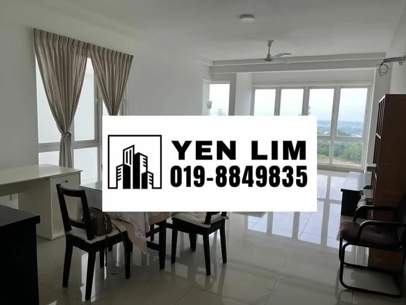 Living features: white painted walls, glossy tile flooring, floor-to-ceiling windows, sheer curtains, 5-blade ceiling fan, dining table with 4 chairs, study desk, wooden cabinet, black leather chair; style: modern; view: city.