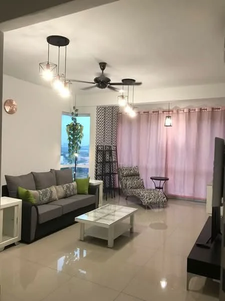 Living features: 3-seater fabric sofa in grey, green accent pillows, glass coffee table, floor-to-ceiling window, sheer curtains in pink, ceiling fan with 5 blades, hanging pendant lights, decorative plant, zebra-patterned armchair, white TV console, polished tile flooring, geometric-patterned area rug; style: modern; view: city.