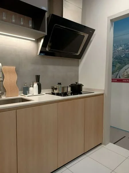 Kitchen features: single-bowl stainless-steel sink, chrome pull-down faucet, wood cabinetry with flat-panel design, built-in oven, stainless-steel range hood, ceramic tile flooring, grey tiled backsplash, countertop with seamless finish, decorative wooden sculpture, white ceramic bottles, black cooking pot, glass canister, wall-mounted storage for glasses; style: modern.