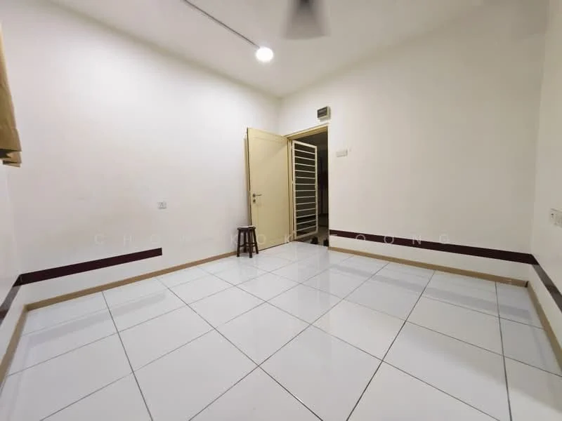 Room features: white painted walls, white tiled flooring, ceiling fan, single door, window with curtain, stool, baseboard trim.
