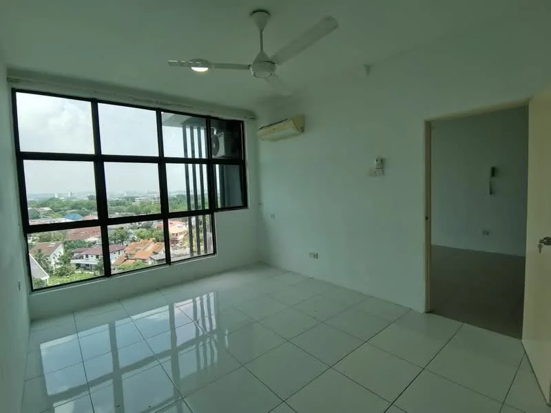 Room features: floor-to-ceiling windows, white painted walls, glossy white tile flooring, ceiling fan, wall-mounted air conditioning unit, city view, natural light, neutral decor; style: modern; view: city.