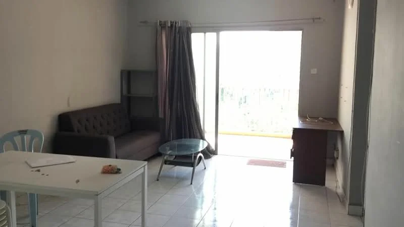Living features: grey fabric sofa, glass coffee table, white dining table, blue plastic chair, sliding glass door, curtains, white tiled flooring, light grey painted walls; style: modern.