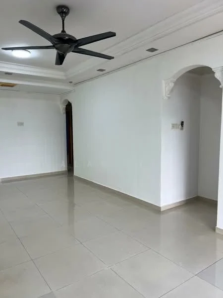 Room features: white painted walls, polished tile flooring, 5-blade ceiling fan, recessed ceiling lights, archway, neutral color scheme, no visible furniture; style: modern.