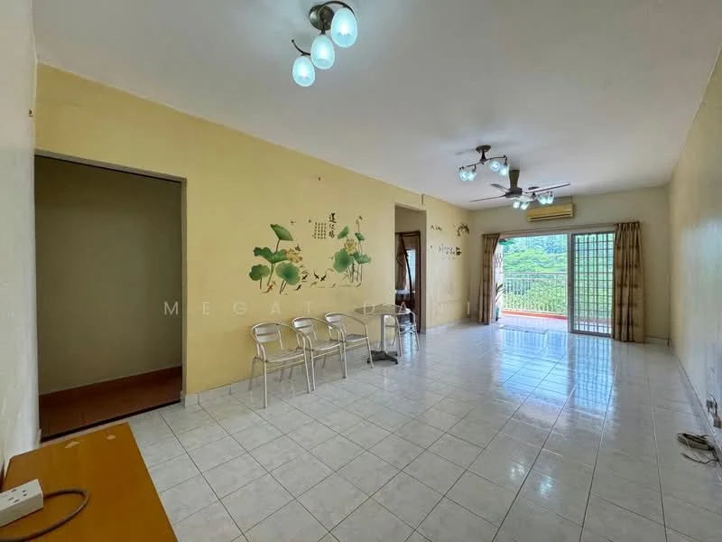 Living features: white painted walls, ceramic tile flooring, 5-blade ceiling fan with light, wall-mounted air conditioning unit, floor-to-ceiling sliding glass door, curtains, decorative wall art, light fixtures with multiple bulbs, open layout, balcony access, seating area with metal chairs; view: garden.