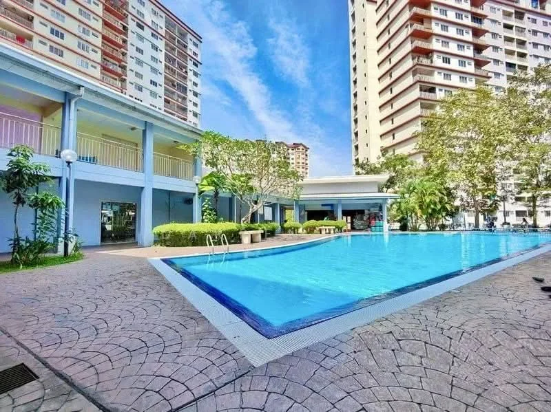 Exterior type: mid-rise condominium; features: swimming pool, pool deck with loungers, landscaped garden with shrubs, manicured lawn, paved walkway, surrounding trees, clubhouse, balconies on building, glass sliding doors, outdoor lighting; style: modern.