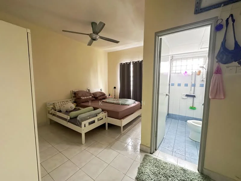 Bedroom features: queen-size bed with brown bedding, single bed with white bedding, 2 bedside pillows, ceiling fan, white painted walls, tile flooring, curtains on window, built-in wardrobe. Bathroom features: toilet, shower area with glass partition, sink, tile flooring, blue wall tiles, white wall tiles, mirror, shower head.