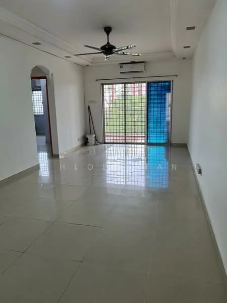Living features: white painted walls, polished ceramic tile flooring, 5-blade ceiling fan with light, wall-mounted split AC, floor-to-ceiling sliding glass door, blue sliding window, crown moulding, recessed downlights; style: modern; view: garden.