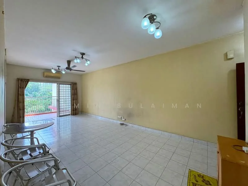 Living features: white painted walls, ceramic tile flooring, recessed downlights, 3-blade ceiling fan, 2 wall-mounted split ACs, sliding glass door, floor-to-ceiling windows, curtains, area rug, coffee table, 2 metal chairs, wooden console table; view: garden.