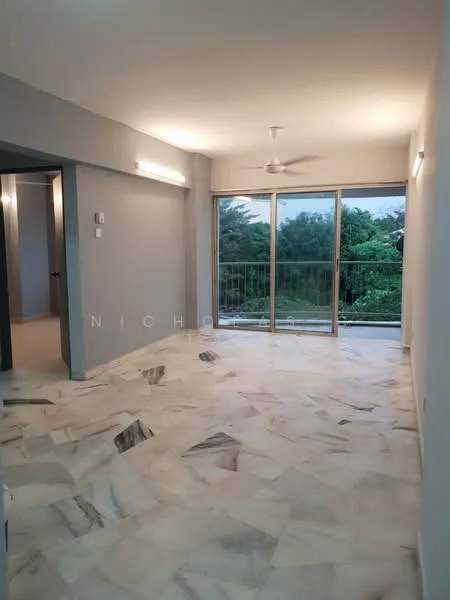 Living features: marble flooring, white painted walls, 5-blade ceiling fan, floor-to-ceiling windows, sliding glass door, balcony access, natural light, view of greenery; style: modern; view: garden.