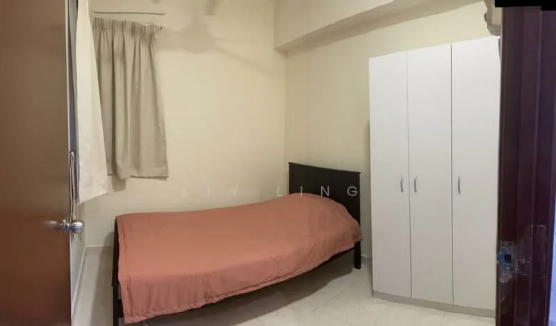 Bedroom features: single bed with beige bedding, white wardrobe with sliding doors, cream painted walls, light-colored tiled flooring, curtains in light fabric, ceiling fan, window with natural light.