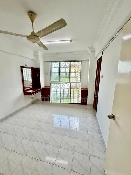Room features: white painted walls, marble tile flooring, tray ceiling, 5-blade ceiling fan, floor-to-ceiling windows, wooden window frames, built-in shelf unit, natural light from windows; style: modern; view: city.