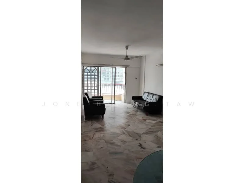 Living features: marble flooring, white painted walls, 5-blade ceiling fan, two black leather sofas, glass coffee table, floor-to-ceiling windows, sliding glass door, balcony access, natural light, open layout; style: modern; view: city.