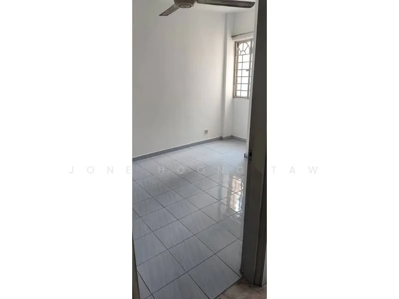 Room features: white painted walls, glossy ceramic tile flooring, ceiling fan, window with grille, neutral color scheme.
