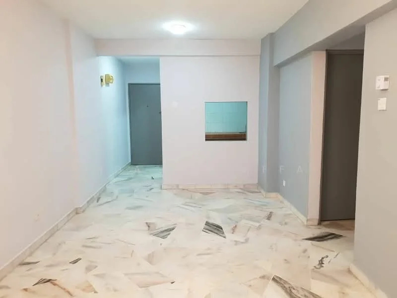 Room features: marble flooring, light grey painted walls, ceiling light fixture, doorway to adjacent room, window opening to another room, neutral color scheme, smooth ceiling, corner wall with no visible features; style: modern.