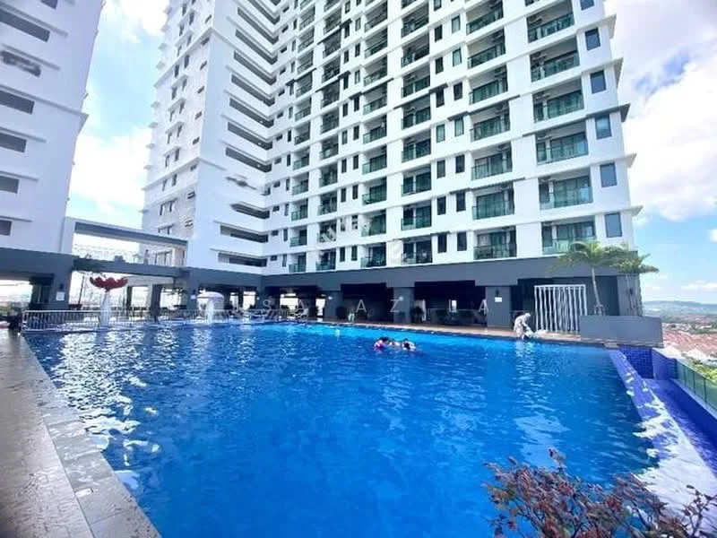 Exterior type: high-rise condominium; features: infinity pool, swimming pool deck with loungers, multiple floors of residential units, glass curtain wall facade, landscaped area with plants, poolside seating area; style: modern.