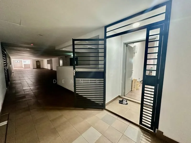 Exterior features: metal gate with horizontal slats, tiled flooring, interior corridor, doorway with light, wall-mounted light fixture, open space leading to entrance; style: modern.