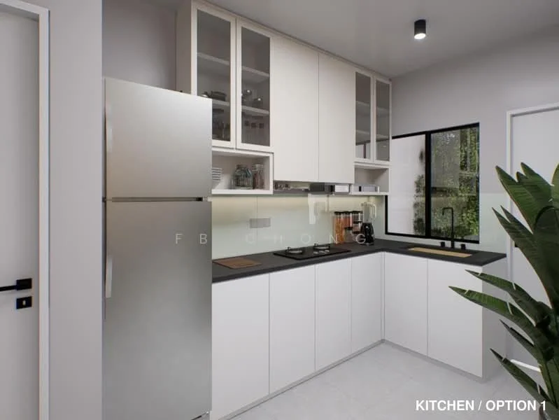 Kitchen features: white shaker cabinets, black countertop, stainless-steel fridge, built-in oven, chrome pull-down faucet, single-bowl stainless-steel sink, glass backsplash, recessed downlights, floor-to-ceiling window, plant in ceramic pot; style: modern; view: garden.