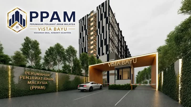 Exterior type: mid-rise condominium; features: modern facade with geometric design, wooden entrance structure, landscaped greenery, paved driveway, signage with 'Vista Bayu', parking space for vehicles, surrounding trees, well-lit entrance, gated entry, concrete structure, balconies on upper floors; style: modern.