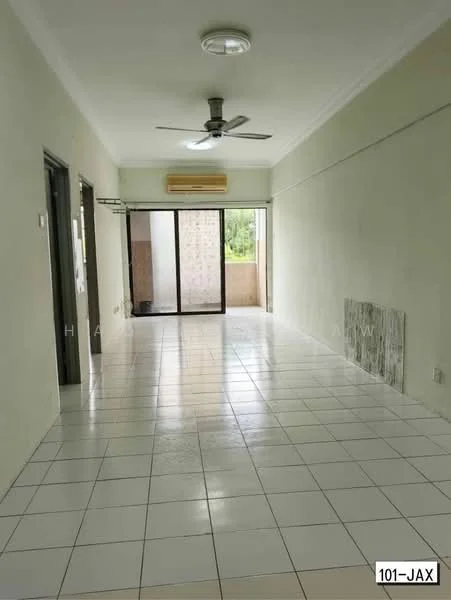 Room features: white painted walls, ceramic tile flooring, 5-blade ceiling fan, sliding glass door, floor-to-ceiling windows, air conditioning unit, balcony access, neutral color scheme; style: modern; view: garden.
