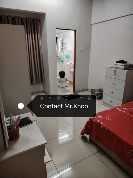 Bedroom features: red bedspread, double bed, white bedside table, white dresser with drawers, wall-mounted mirror, ceramic tile flooring, curtains, wall with light-colored paint, built-in wardrobe, decorative items on dresser. Bathroom features: toilet, sink, shower area, tile flooring, light-colored wall tiles, mirror above sink.