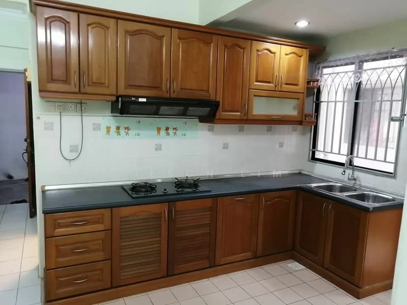Kitchen features: brown wooden cabinetry, black countertop, double-bowl stainless-steel sink, chrome pull-down faucet, built-in gas hob with 2 burners, exhaust hood, white tiled backsplash, cream painted walls, window with metal grille, tile flooring; style: modern.
