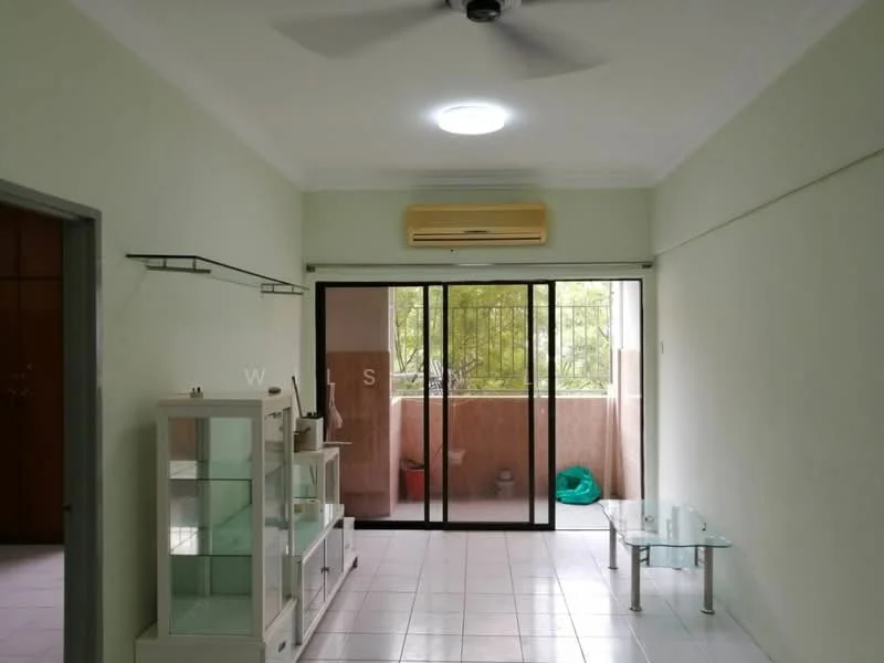 Living features: light green painted walls, white ceiling, ceiling fan, recessed ceiling light, sliding glass door, floor-to-ceiling windows, white tiled flooring, glass coffee table, white display cabinet, air conditioning unit, balcony view; style: modern; view: garden.