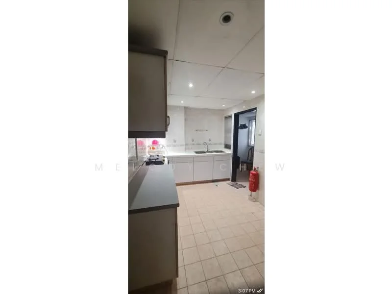 Kitchen features: white cabinetry, grey countertop, single-bowl stainless-steel sink, chrome pull-down faucet, built-in oven, freestanding range oven, ceramic tile flooring, recessed downlights, wall-mounted fire extinguisher, neutral wall colour, open layout, window above sink; style: modern.