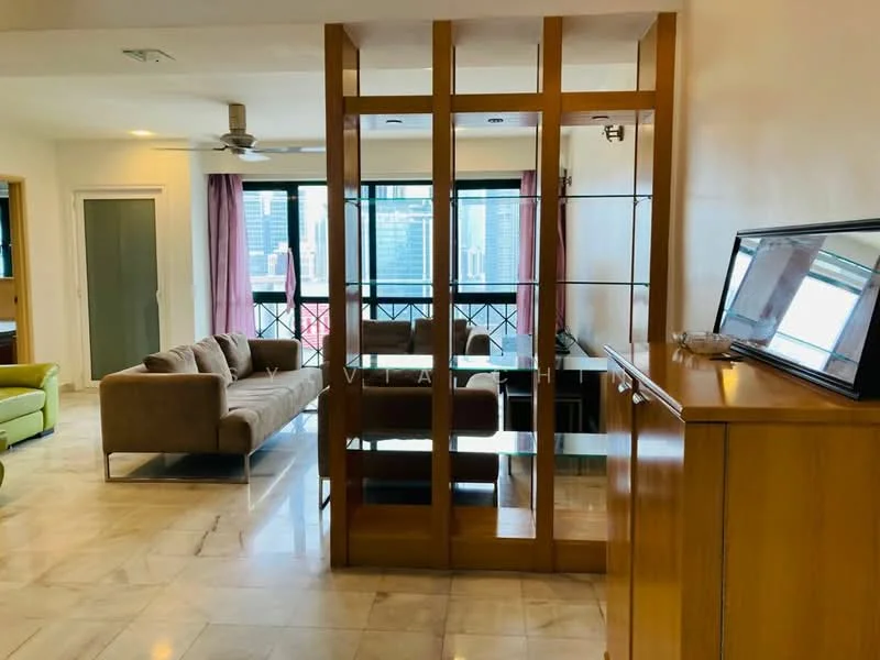 Living features: sofa in beige fabric, coffee table, TV console, wall-mounted TV, floor-to-ceiling windows, curtains in burgundy, ceiling fan, marble flooring, decorative wooden partition, open layout to dining area; style: modern; view: city. Room features: wooden cabinet, light-colored walls, recessed lighting.