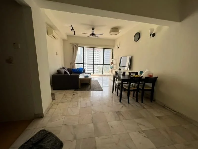 Living features: marble flooring, white painted walls, 5-blade ceiling fan with light, recessed downlights, sofa in grey fabric, coffee table, TV console, wall-mounted TV, dining table with 4 chairs, floor-to-ceiling windows, curtains, decorative wall clock; style: modern; view: city.