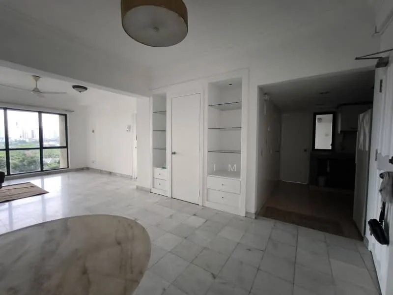 Living features: marble flooring, white painted walls, ceiling fan, floor-to-ceiling windows, built-in shelves, recessed lighting, open layout, access to balcony, neutral color palette; style: modern; view: city. Kitchen features: tile flooring, white cabinetry, countertop, built-in appliances, open layout to living area; style: modern.